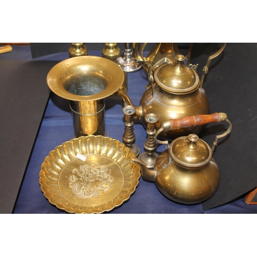 45 - Brass and metal ware to include a Chinese cast bowl decorated with dragons chasing flaming pearl, si... 