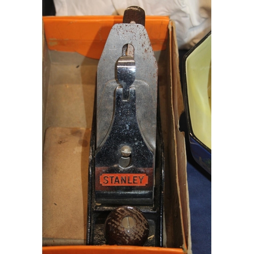 46 - Vintage christening gowns, a Stanley plane, a pottery bowl and a pottery jug.