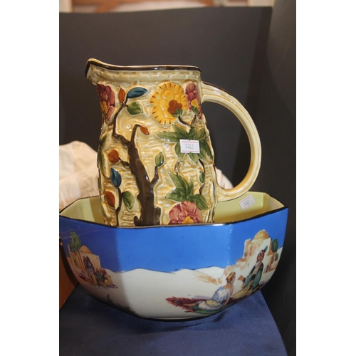 46 - Vintage christening gowns, a Stanley plane, a pottery bowl and a pottery jug.