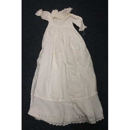 46 - Vintage christening gowns, a Stanley plane, a pottery bowl and a pottery jug.