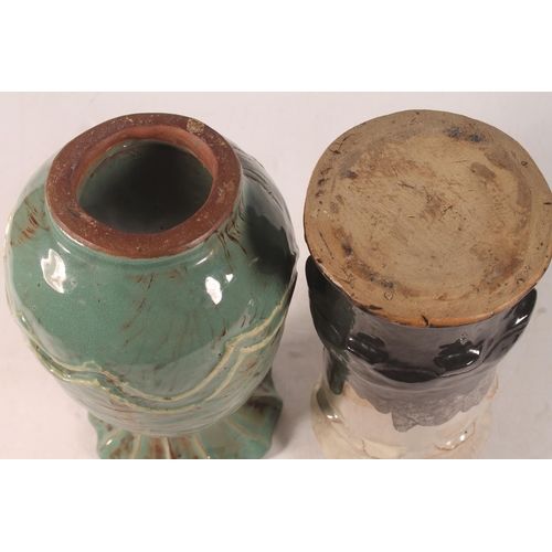 58 - Chimney form Studio Pottery and a green glazed Studio Pottery vase.