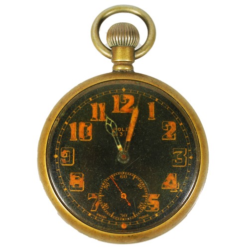Military Rolex open faced pocket watch with black enamel dial and seconds subsidiary dial.