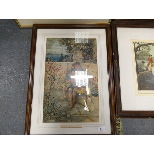 27 - Pears print, Butterflies, a pair of hunting prints and another (4)