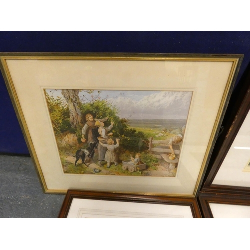 27 - Pears print, Butterflies, a pair of hunting prints and another (4)