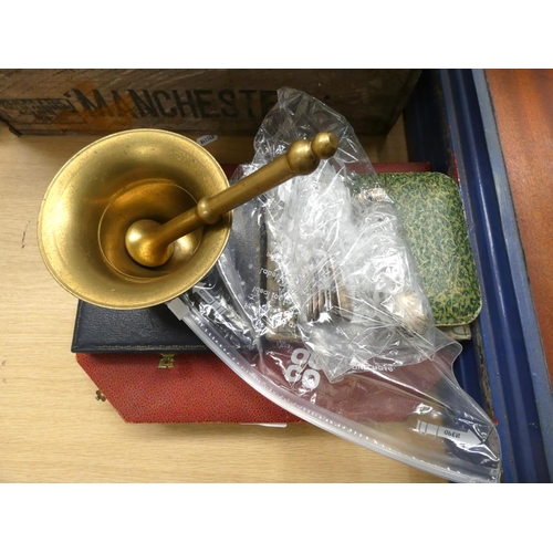 36 - Brass pestle and mortar, EPNS flatware, some cased.