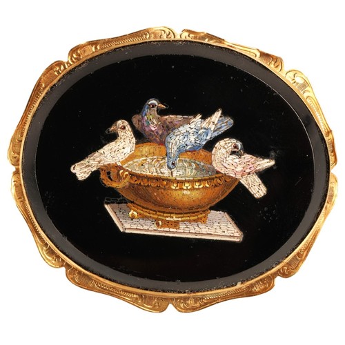 Italian yellow metal mounted micromosaic brooch depicting four birds drinking from a bowl of water, crossed keys duty mark stamped to the reverse of the mount, 5.5cm x 4.8cm, 27g gross.