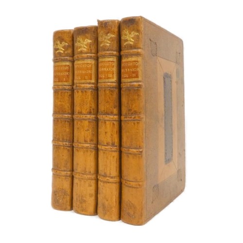 HOUGHTON JOHN.  Husbandry & Trade Improv'd, Being a Collection of Many Valuable Materials Relating to Corn, Cattle, Coals, Hops, Wool &c. 4 vols. Titles in red & black. Panelled calf with red spine labels & gilt crest to back, speckled edges, a handsome set. 1727 & 1728.