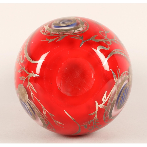 41 - Double layered glass vase with white metal overlay, stands 35cm