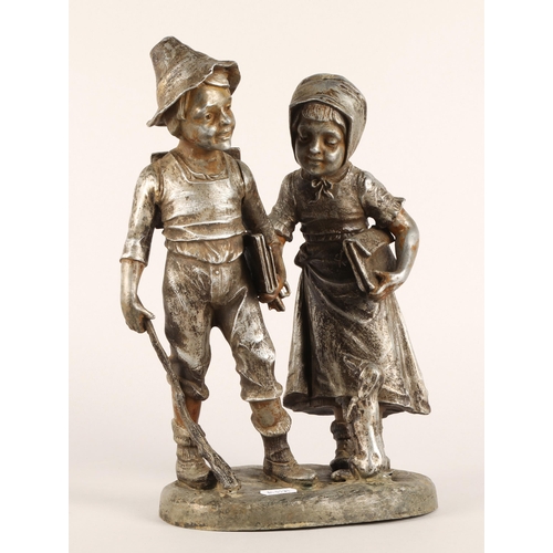 44 - Spelter sculpture of 'two children and dog', stands 33cms