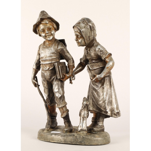 44 - Spelter sculpture of 'two children and dog', stands 33cms