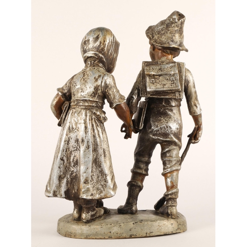 44 - Spelter sculpture of 'two children and dog', stands 33cms