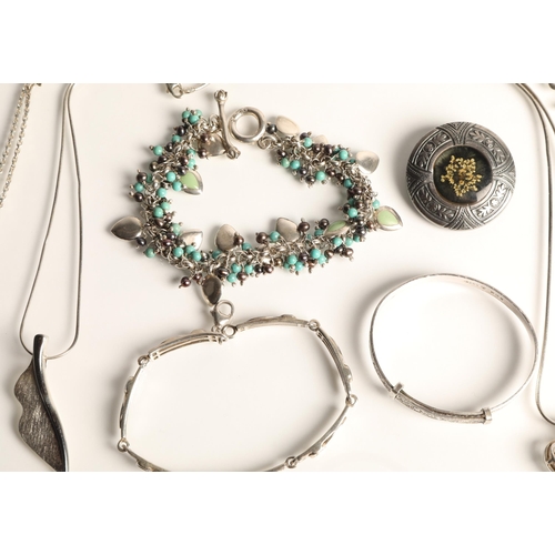 56 - Silver and white metal jewellery to include hallmarked baby bangle, Mackintosh style bracelet, neckl... 