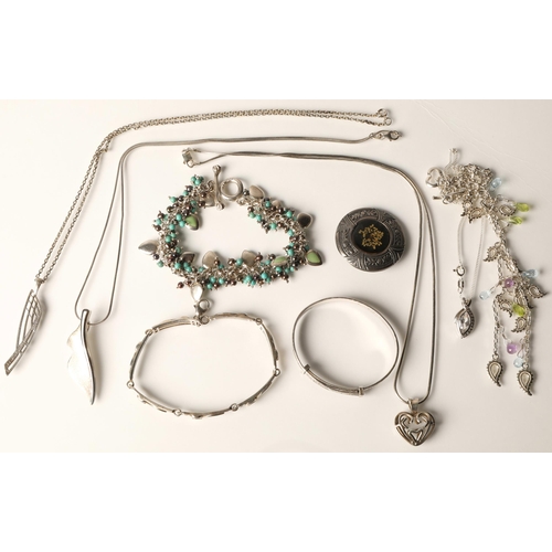 56 - Silver and white metal jewellery to include hallmarked baby bangle, Mackintosh style bracelet, neckl... 