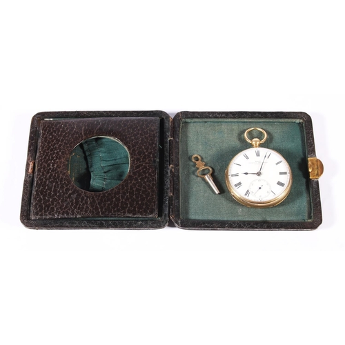 286 - 18ct yellow gold open faced pocket watch, the white enamel dial with Roman Numeral chapter ring and ... 