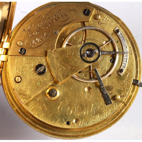286 - 18ct yellow gold open faced pocket watch, the white enamel dial with Roman Numeral chapter ring and ... 