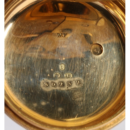 286 - 18ct yellow gold open faced pocket watch, the white enamel dial with Roman Numeral chapter ring and ... 