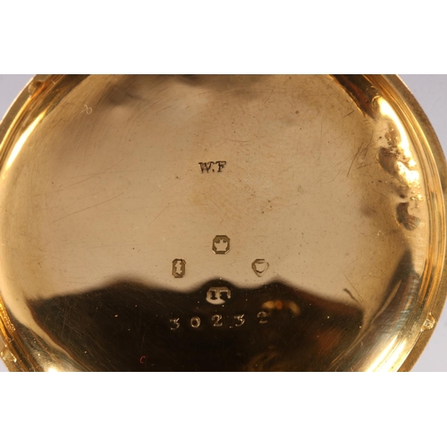286 - 18ct yellow gold open faced pocket watch, the white enamel dial with Roman Numeral chapter ring and ... 