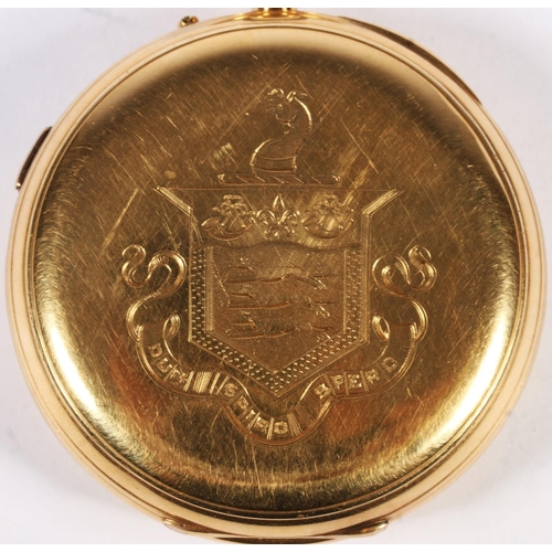 287 - 18ct yellow gold open faced pocket watch with white enamel dial and Roman Numeral chapter ring, make... 