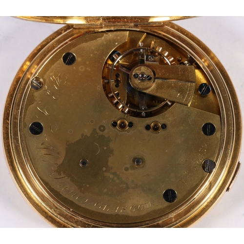 287 - 18ct yellow gold open faced pocket watch with white enamel dial and Roman Numeral chapter ring, make... 