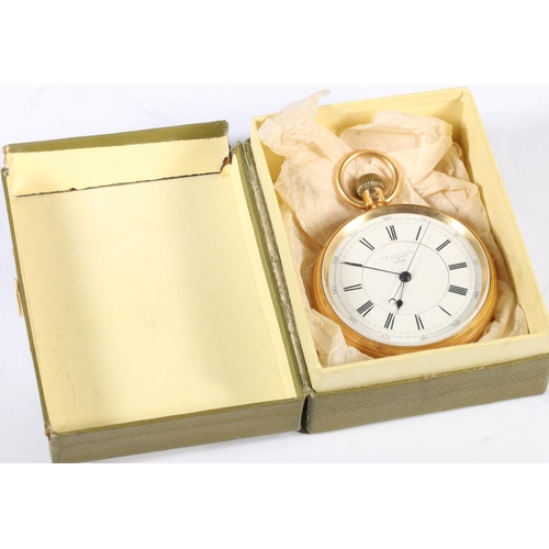 287 - 18ct yellow gold open faced pocket watch with white enamel dial and Roman Numeral chapter ring, make... 