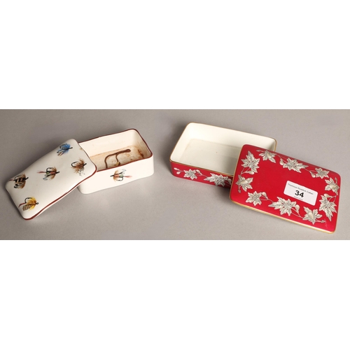 34 - Two ceramic trinket boxes, Wedgwood 'Ashford' pattern and Crown Staffordshire decorated with fishing... 