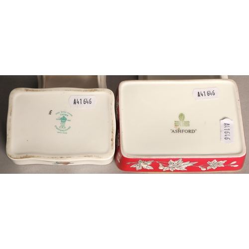 34 - Two ceramic trinket boxes, Wedgwood 'Ashford' pattern and Crown Staffordshire decorated with fishing... 