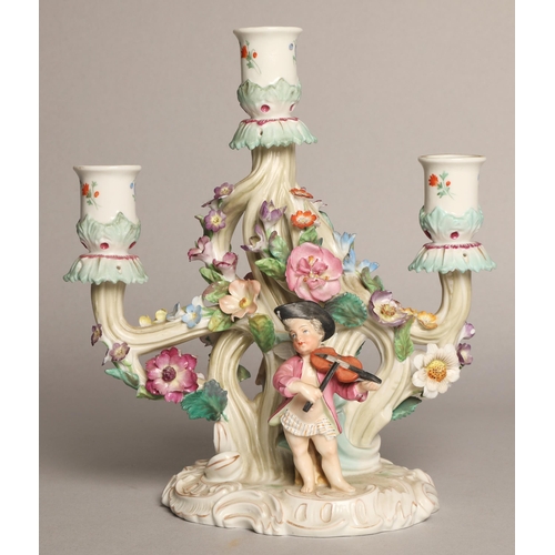 35 - Continental Dresden three-arm porcelain candelabra, blue R mark
