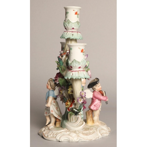 35 - Continental Dresden three-arm porcelain candelabra, blue R mark