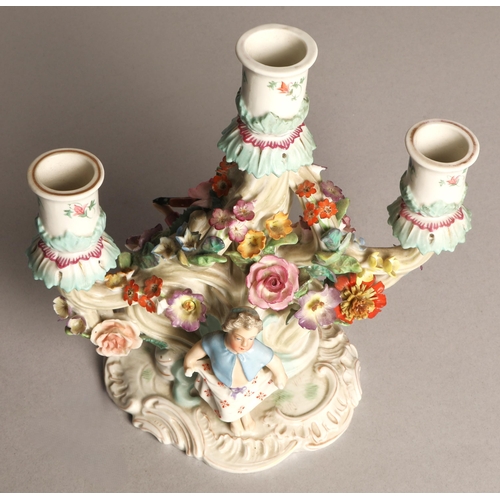 35 - Continental Dresden three-arm porcelain candelabra, blue R mark