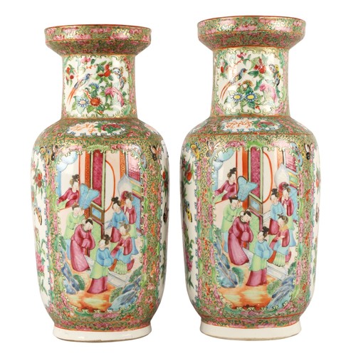Pair Canton famille rose vases with bird and character decoration, both stand 35.5cm