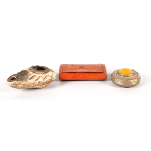 Antique wooden snuff box, vintage compact, and a Roman style oil lamp. (3)