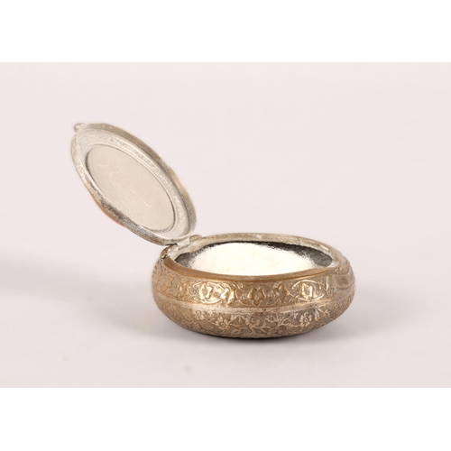 Antique wooden snuff box, vintage compact, and a Roman style oil lamp. (3)