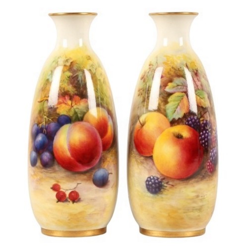 Near pair of hand painted blush Royal Worcester vases, signed Thomas Lockyer, Decorated with fallen fruit, each 14.5cm h.