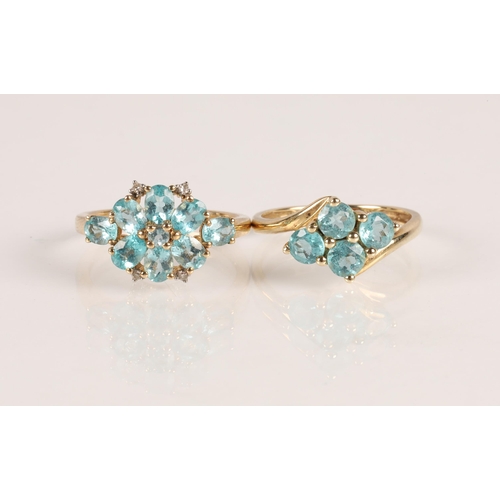 Two 9ct gold rings set with blue gemstones and one with small diamonds ...