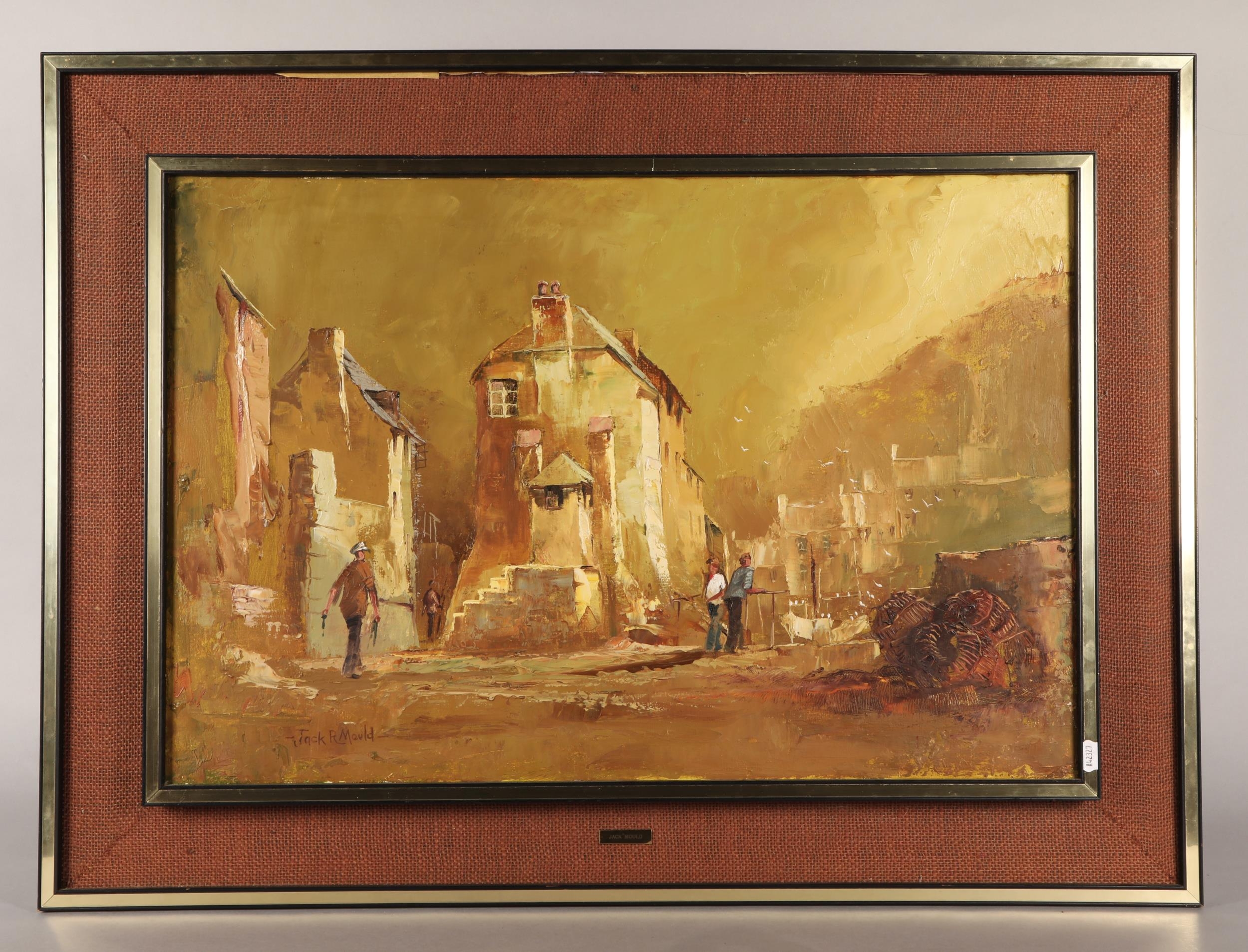 Jack R Mould (British, 1925-1998), fishing village, oil on canvas, 75cm ...