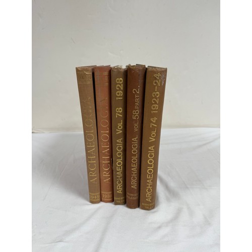 210 - SOCIETY OF ANTIQUARIES.  Archaeologia. 5 various vols. Illus. Quarto. Orig. red cloth. Lib. labels t... 