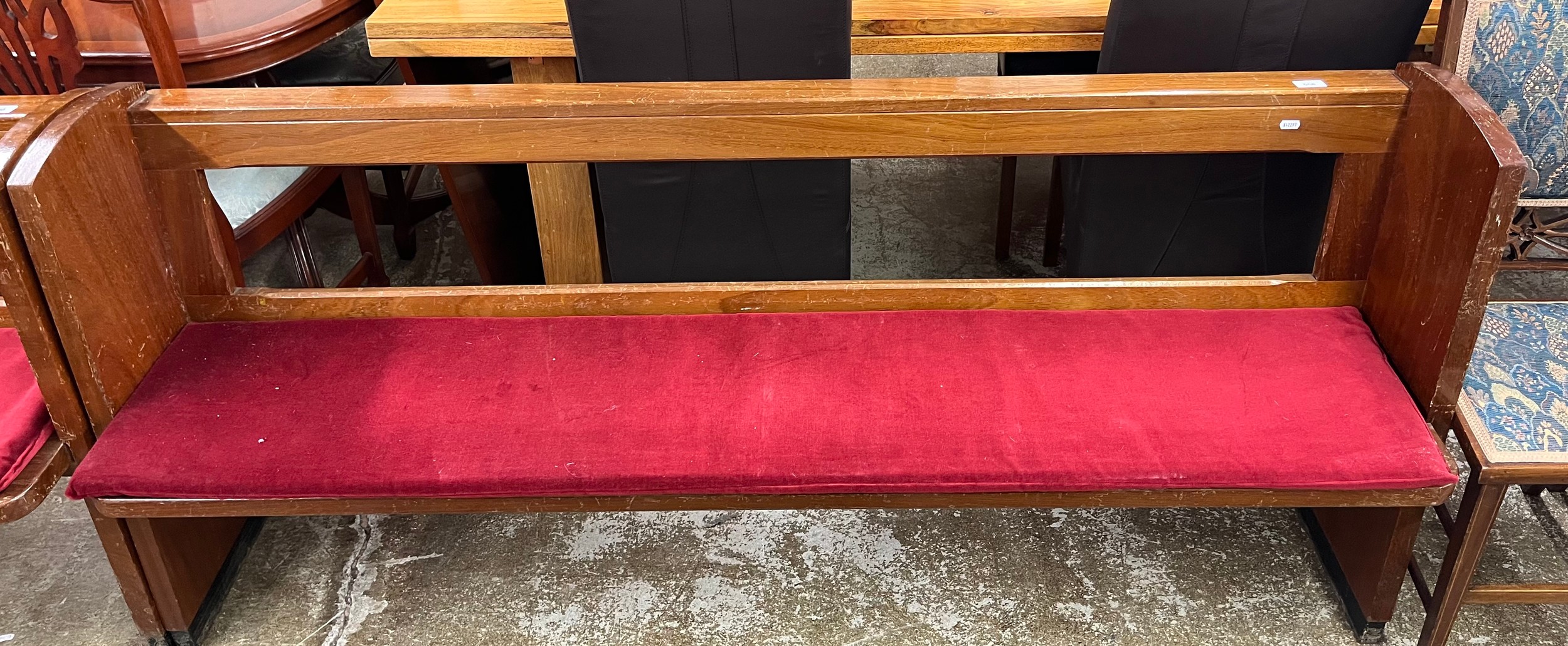 Pine church pew with red cushion 177cm wide