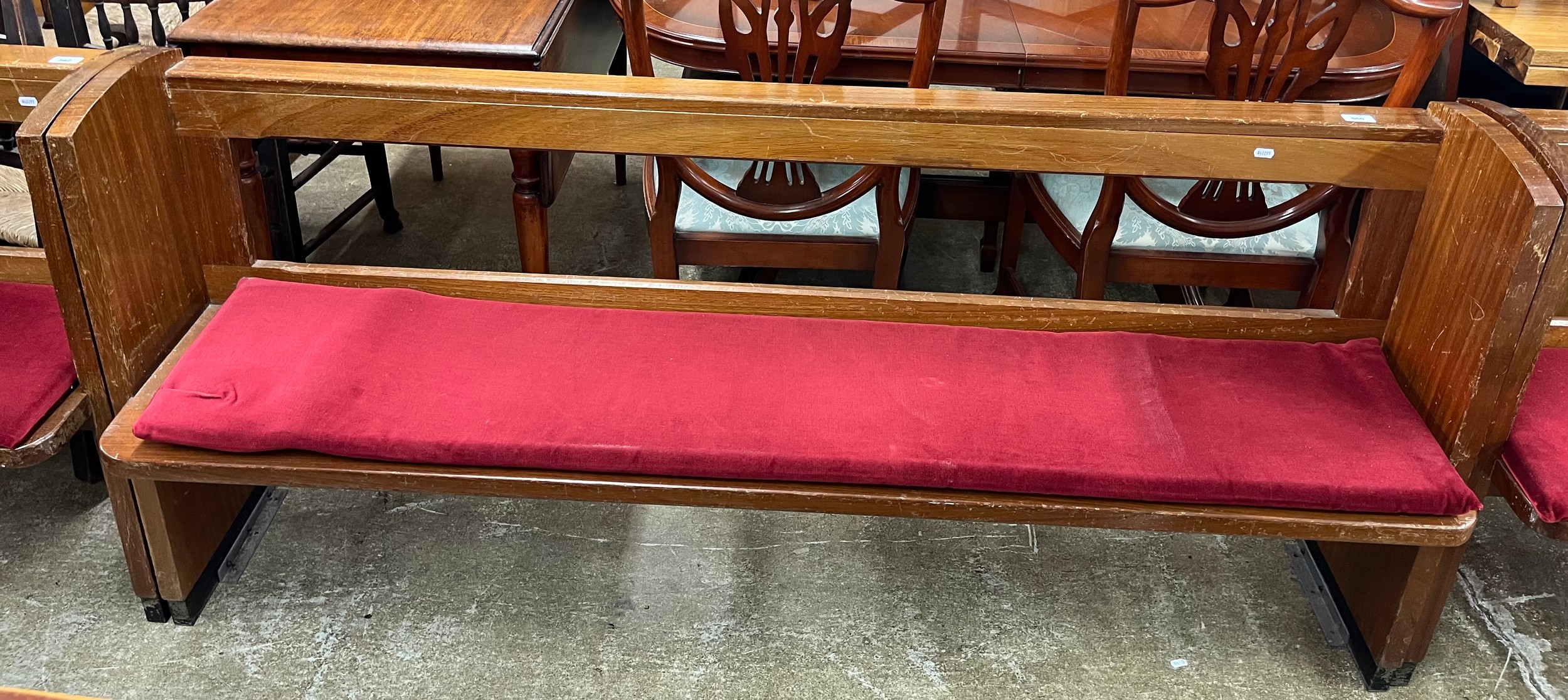 Pine church pew with red cushion 177cm wide