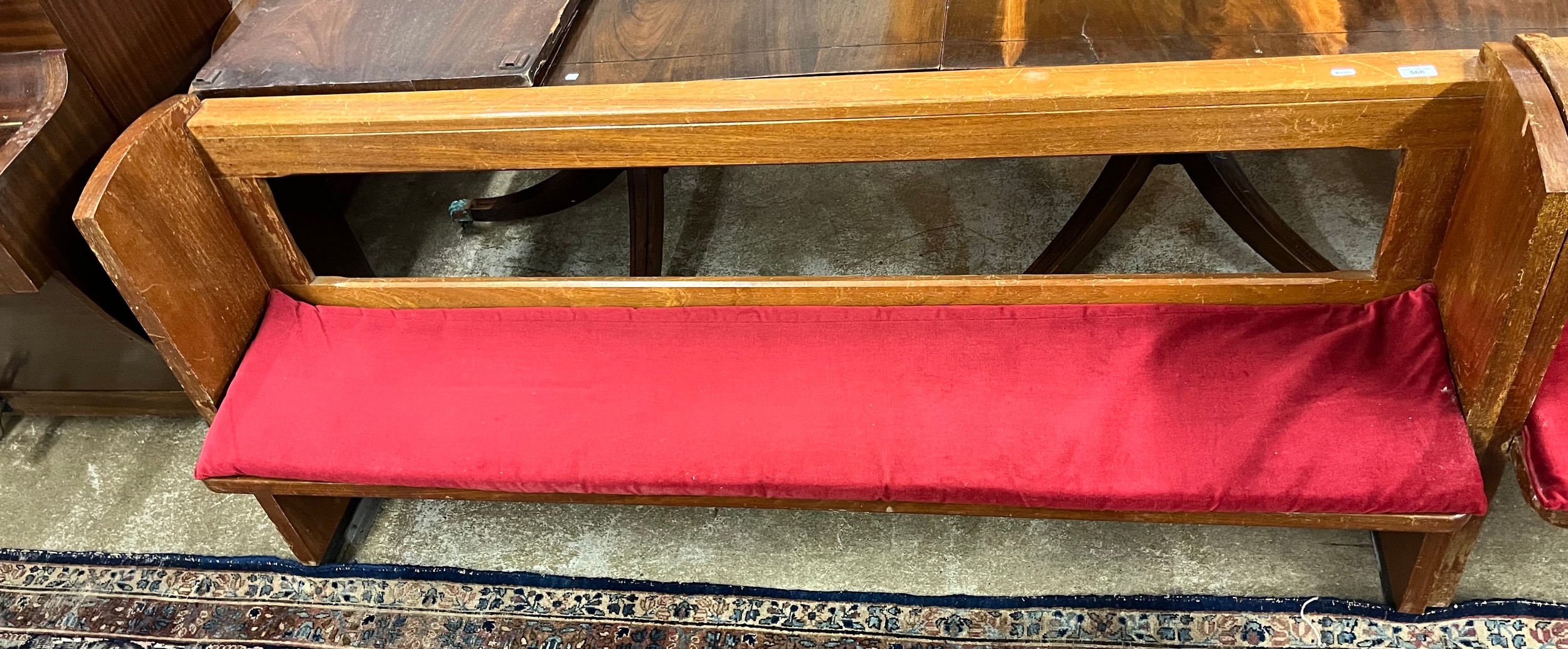 Pine church pew with red cushion 177cm wide