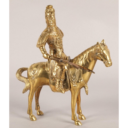 34 - Pair of brass Chinese warriors on horses, one with sword, each 25cm h. (2)