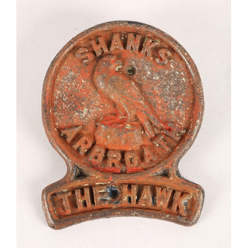 38 - Car mascots and badges and a Shanks Arbroath 'The Hawk' mower badge