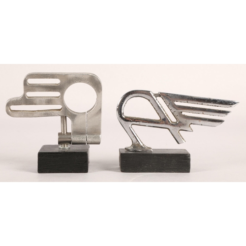 38 - Car mascots and badges and a Shanks Arbroath 'The Hawk' mower badge