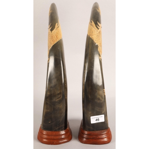 46 - Pair of mounted horns with carved dragon and tiger design, approx. 38cm h.