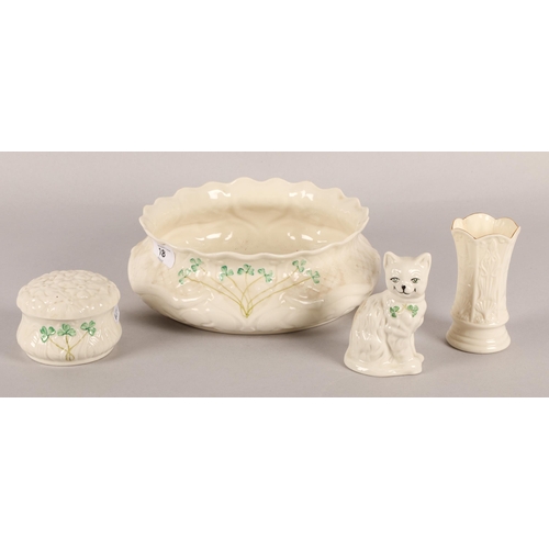 18 - Collection of Belleek ware to include bowl, posy vase, lidded pot, and cat figure (4)