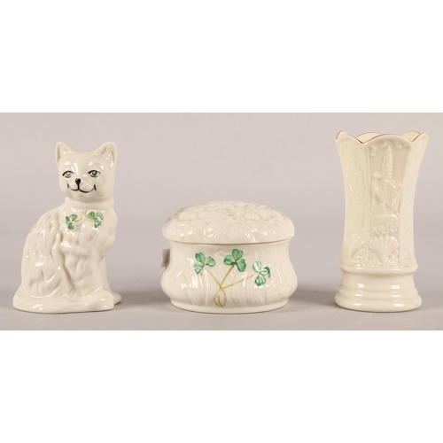 18 - Collection of Belleek ware to include bowl, posy vase, lidded pot, and cat figure (4)