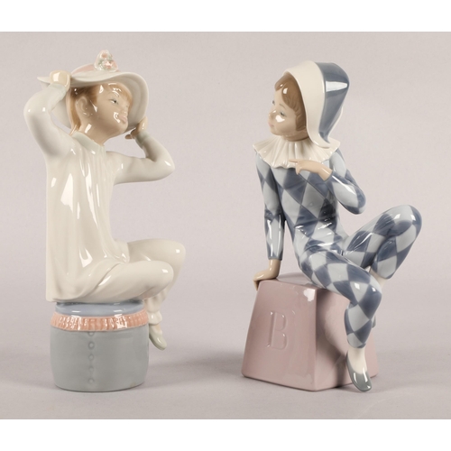 5 - Two Lladro figures to include Harlequin Boy on block with letter 'B' no.5076, and Girl with Hat no.1... 