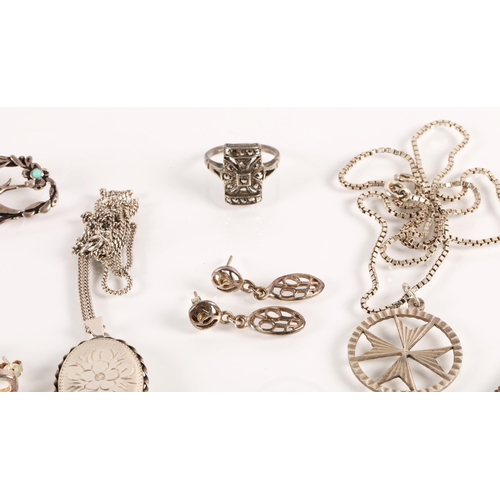 62 - Silver and white metal jewellery to include necklaces, Maltese Cross pendants, earrings, brooches, l... 