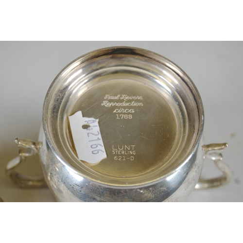 3 - USA sterling silver twin-handled sugar bowl and matching silver sparrow beak cream jug, engraved 'Pa... 