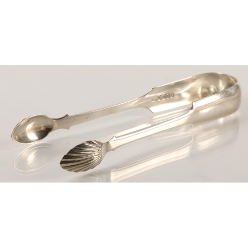 18 - Castle Douglas or Dumfries Scottish Provincial Silver, a pair of sugar tongs with shell bowls by Ada... 