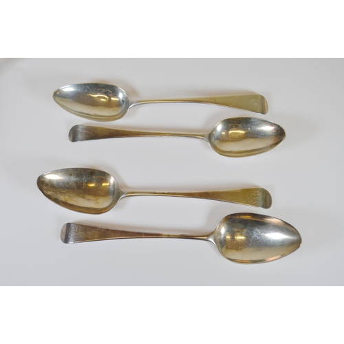 15 - Two Regency silver tablespoons with fiddle stems, London 1803 and 1806, another two Georgian silver ... 
